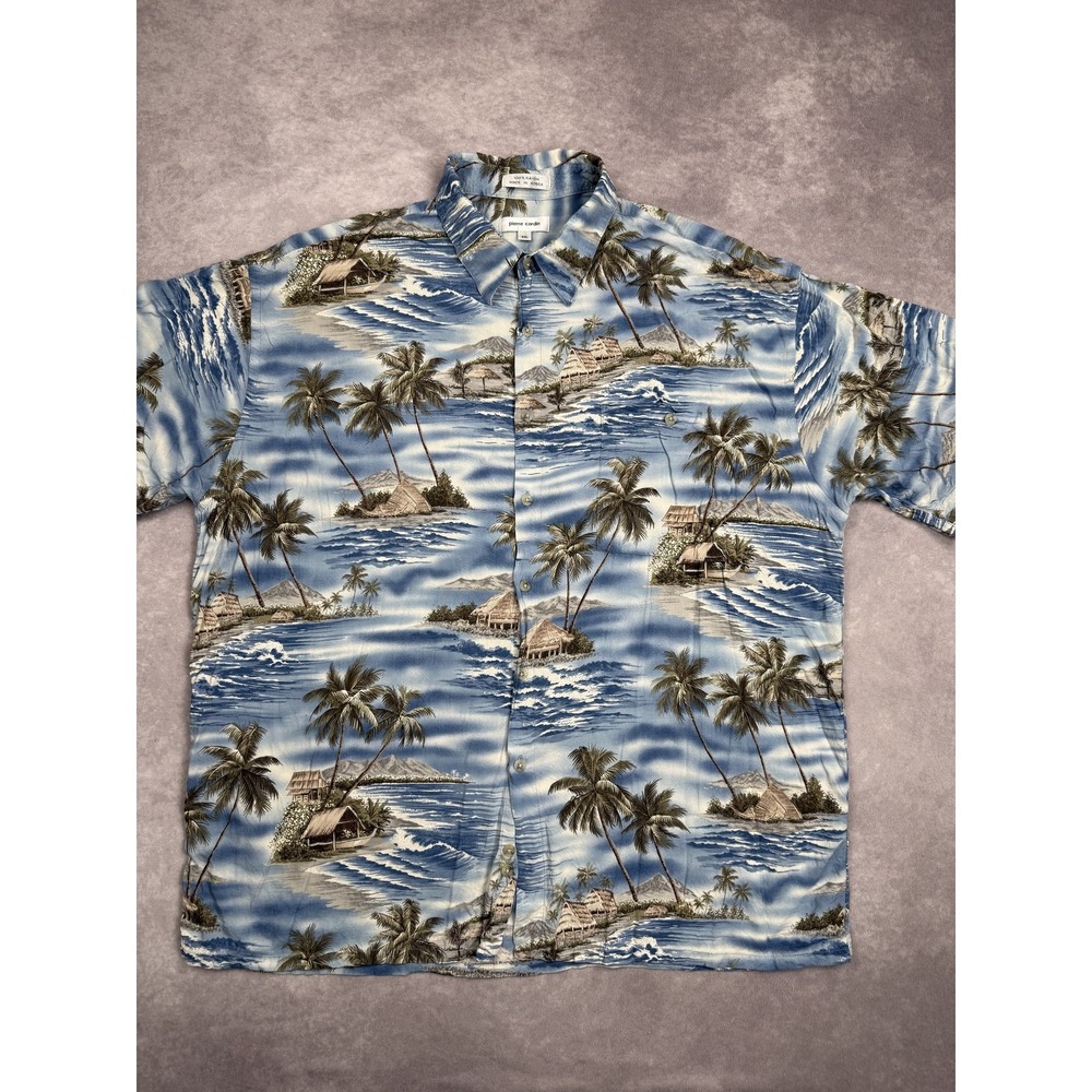 VTG Pierre Cardin Shirt Mens 2XL Hawaiian Rayon Palm Island Hut Beach Aloha Camp